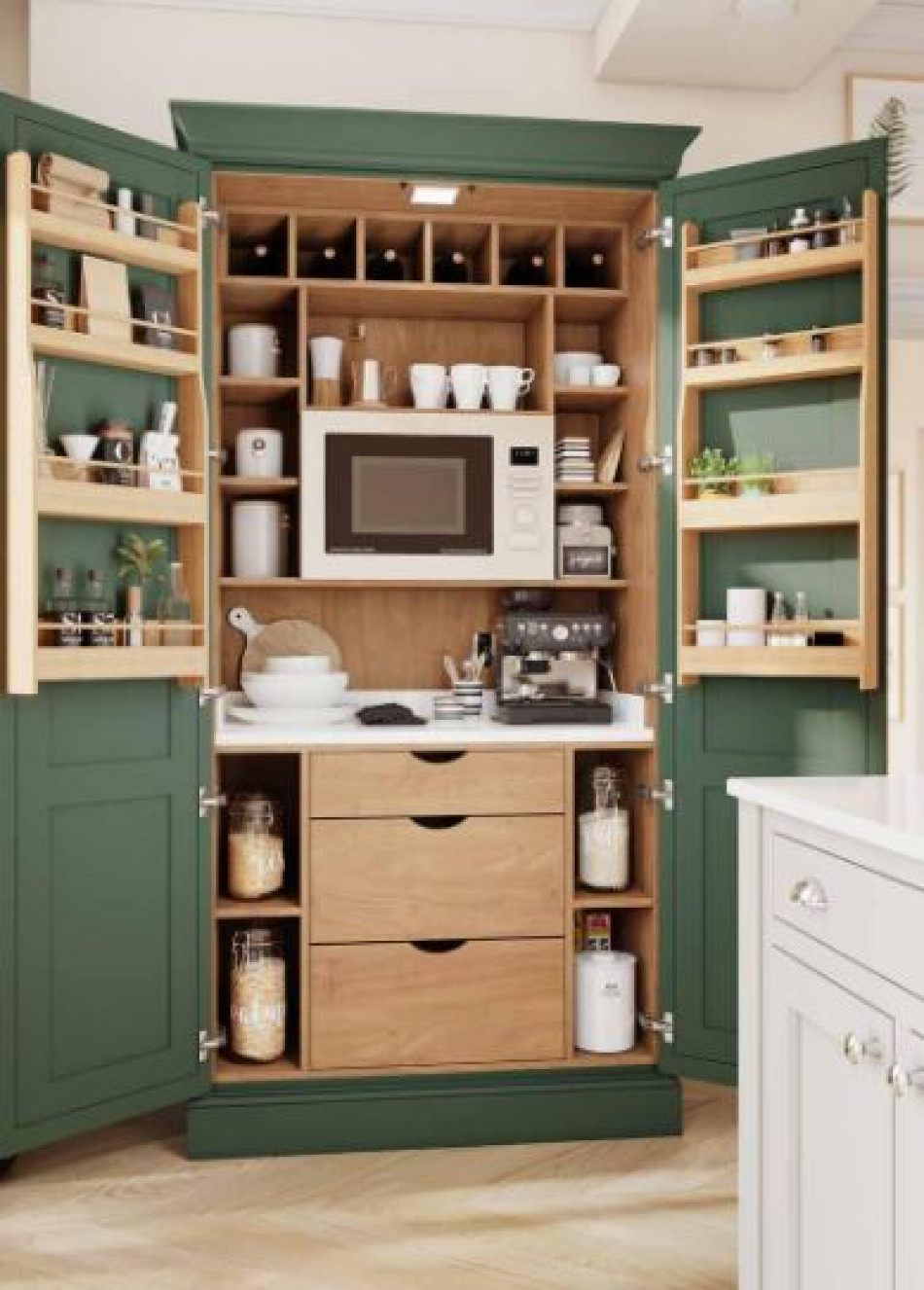 A kitchen featuring a green cabinet and a microwave on the countertop, showcasing a modern and vibrant design